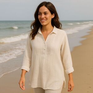 NEW Cynthia Rowley Womens Medium Yellow White Stripe Linen Pleated Shirt Top‎